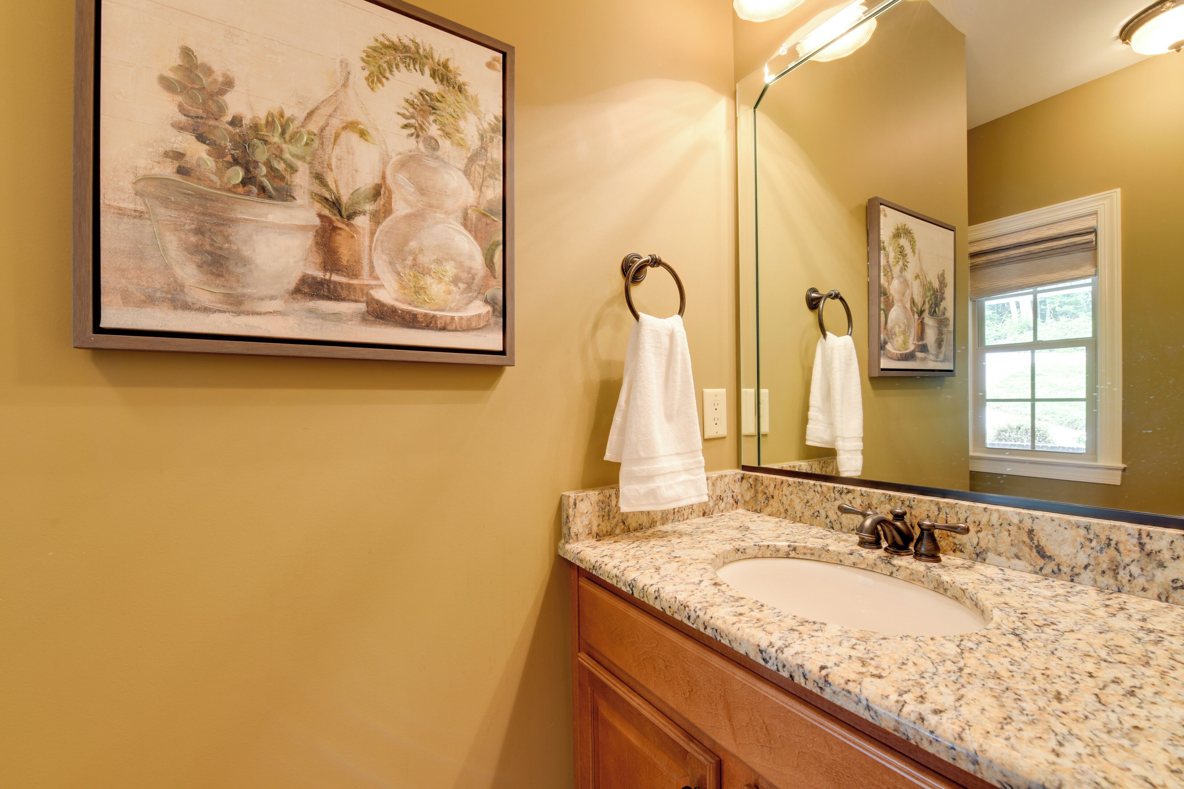 A bathroom with a granite countertop sink, a large mirror, and a framed painting of plants.