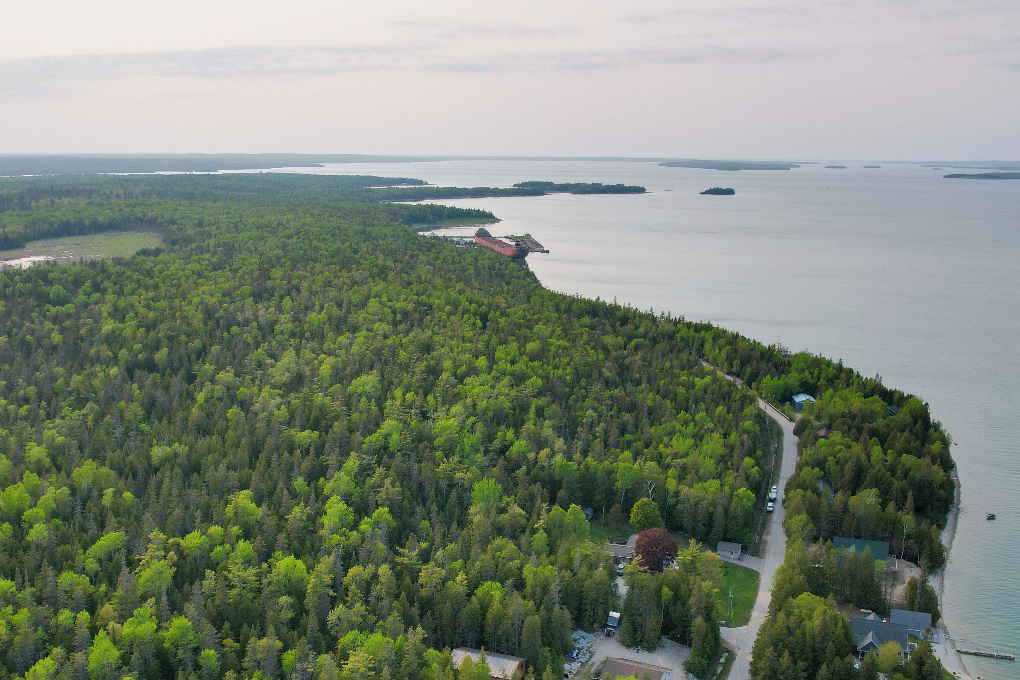 An aerial view of a forested area with a small cluster of buildings near a body of water.