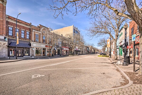 A street lined with historic buildings, a bike lane, and a sidewalk with trees.