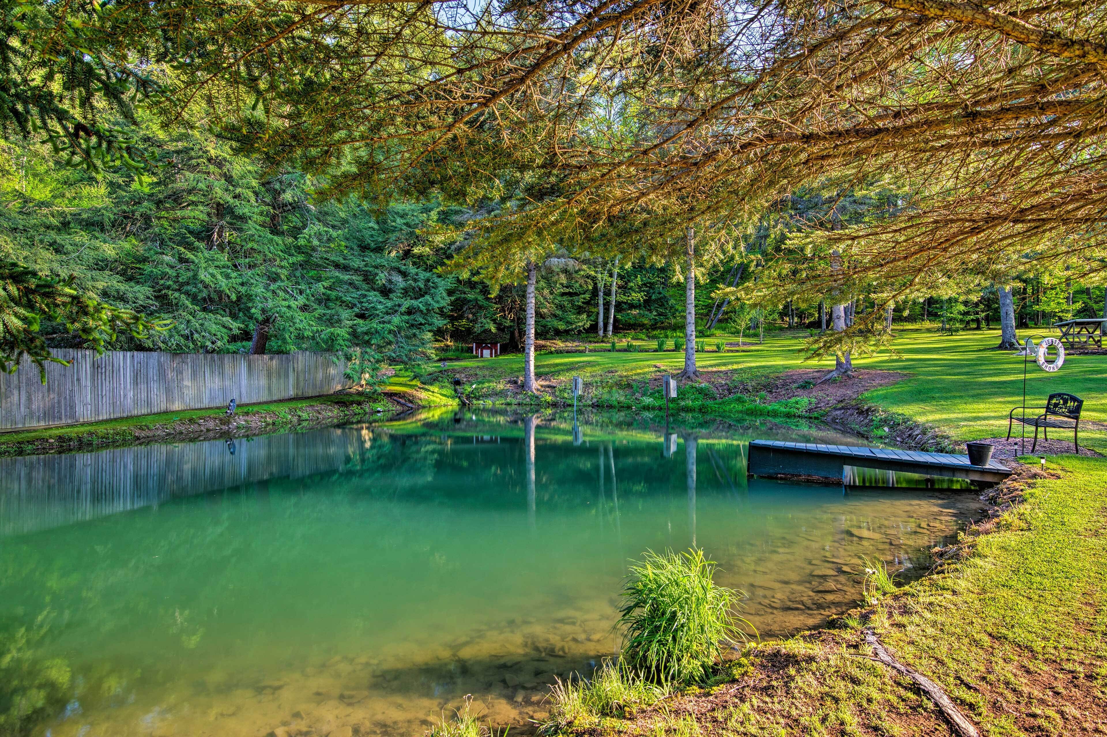A serene pond surrounded by lush greenery and a wooden fence.