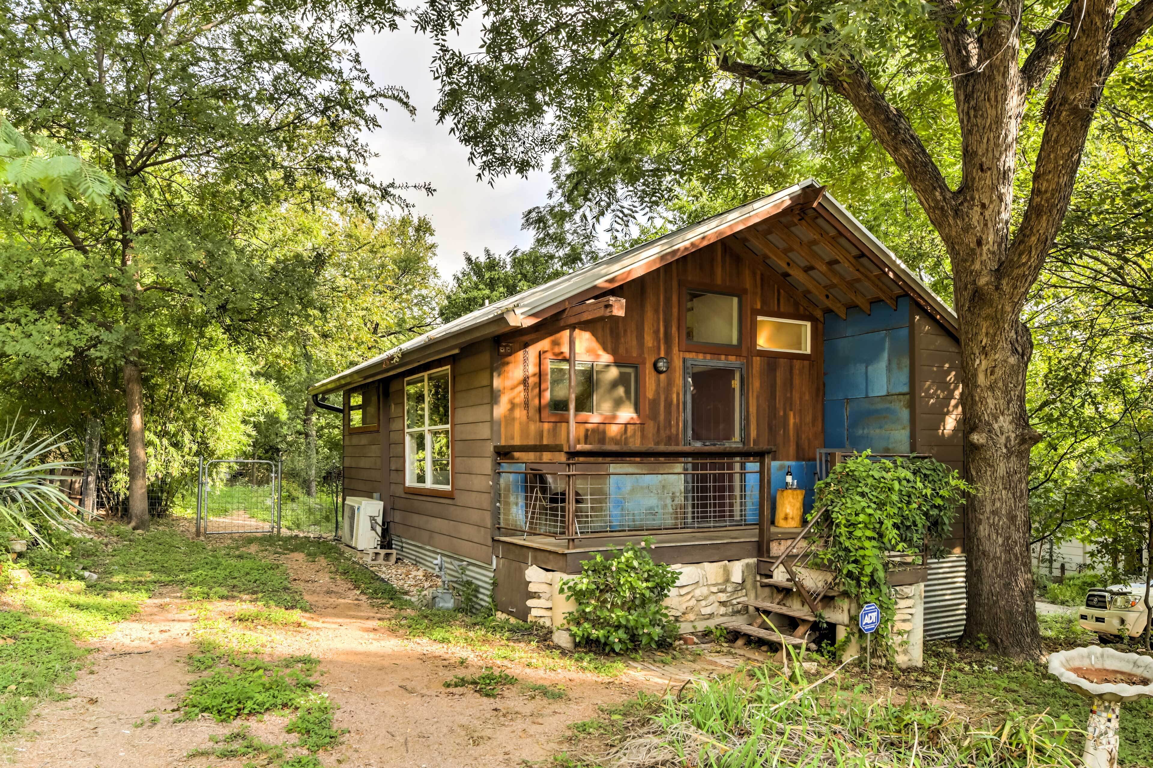 A rustic cabin with a dirt path leading to it, surrounded by trees and greenery.