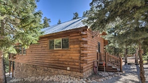 A log cabin with a metal roof, wooden exterior, and a small porch with a wheelbarrow. - Cozy 'nora's Hideaway' - Charming, Quiet Log Cabin (Duck Creek Village)
