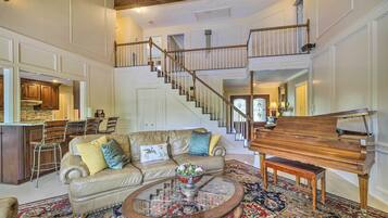 TV, fireplace, books