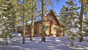 Una cabaña de troncos rodeada de árboles cubiertos de nieve.