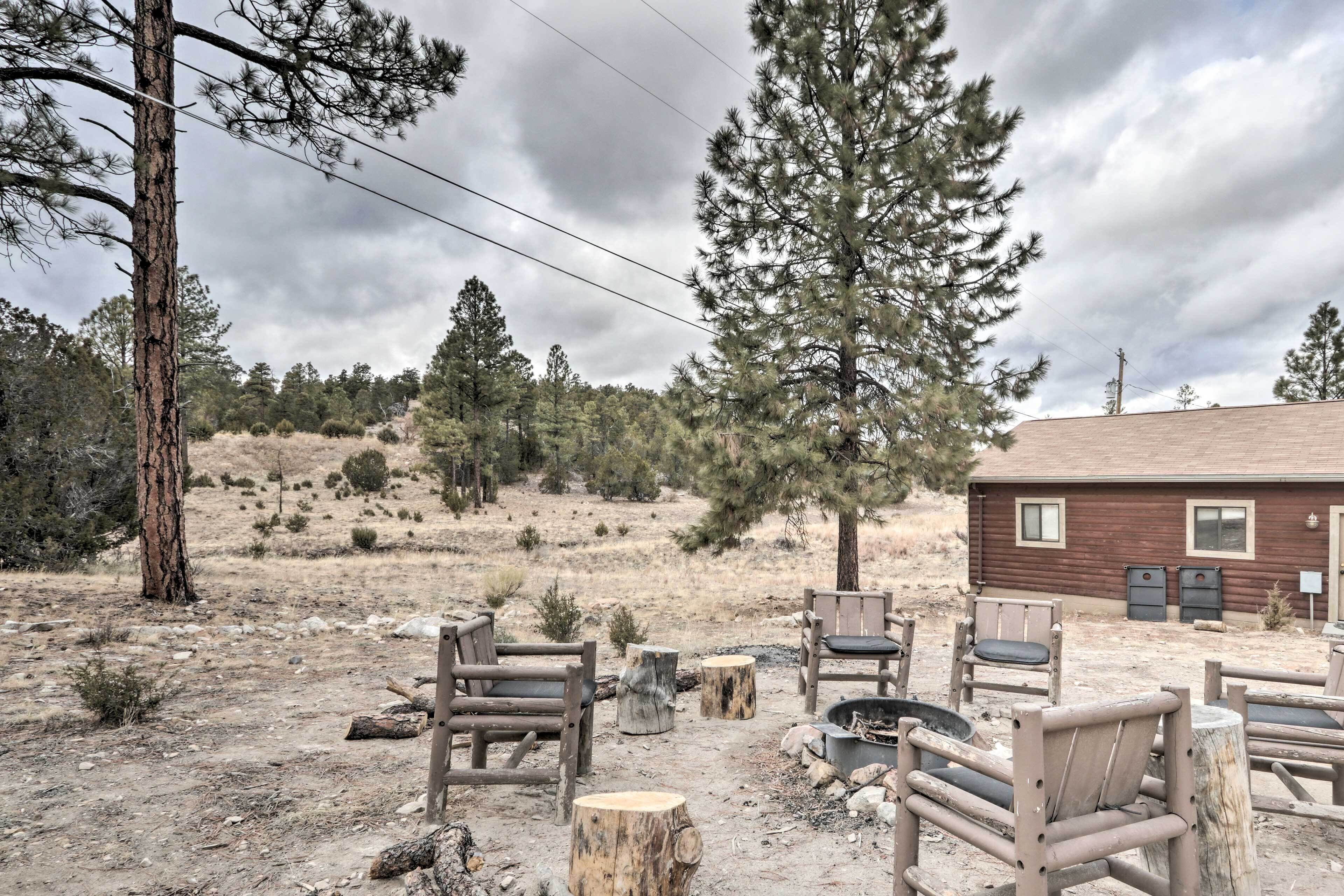 A rustic cabin with a dirt ground, surrounded by pine trees and a clear sky.