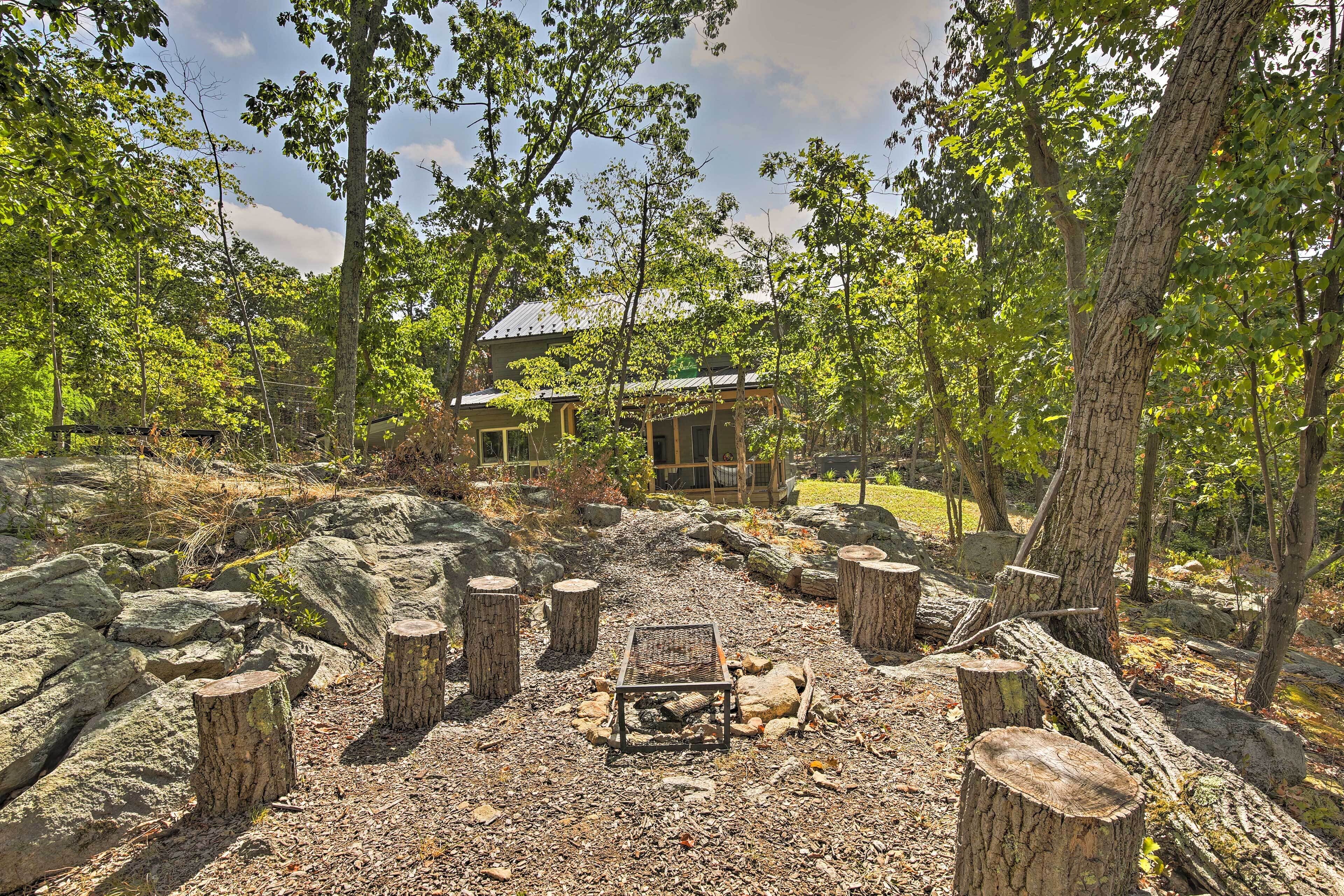 Un chalet rustique entouré d’une forêt naturelle, avec un chemin de gravier et des souches d’arbres.