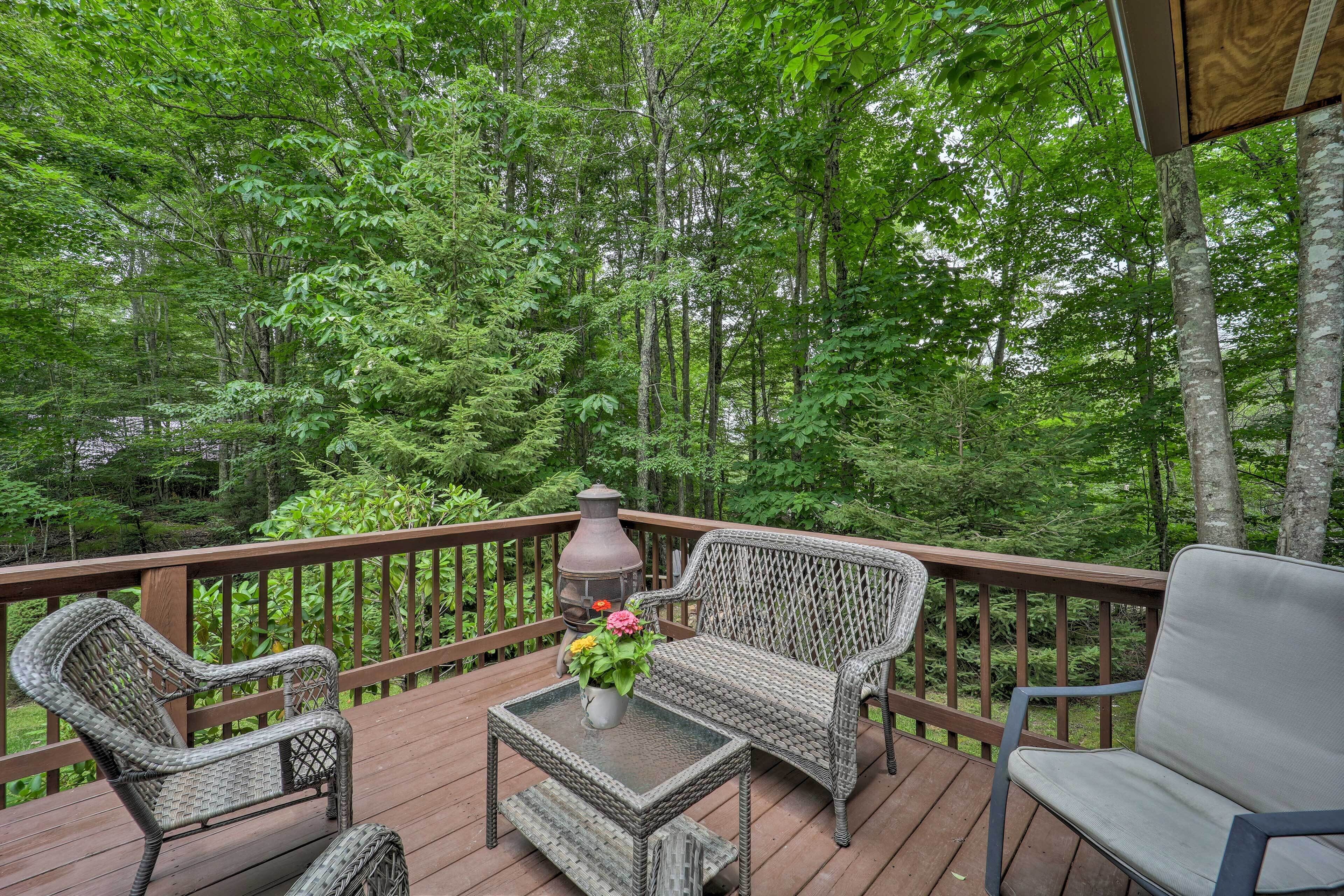A wooden deck with wicker furniture and a table, surrounded by dense forest.