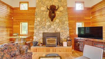 Fireplace, books