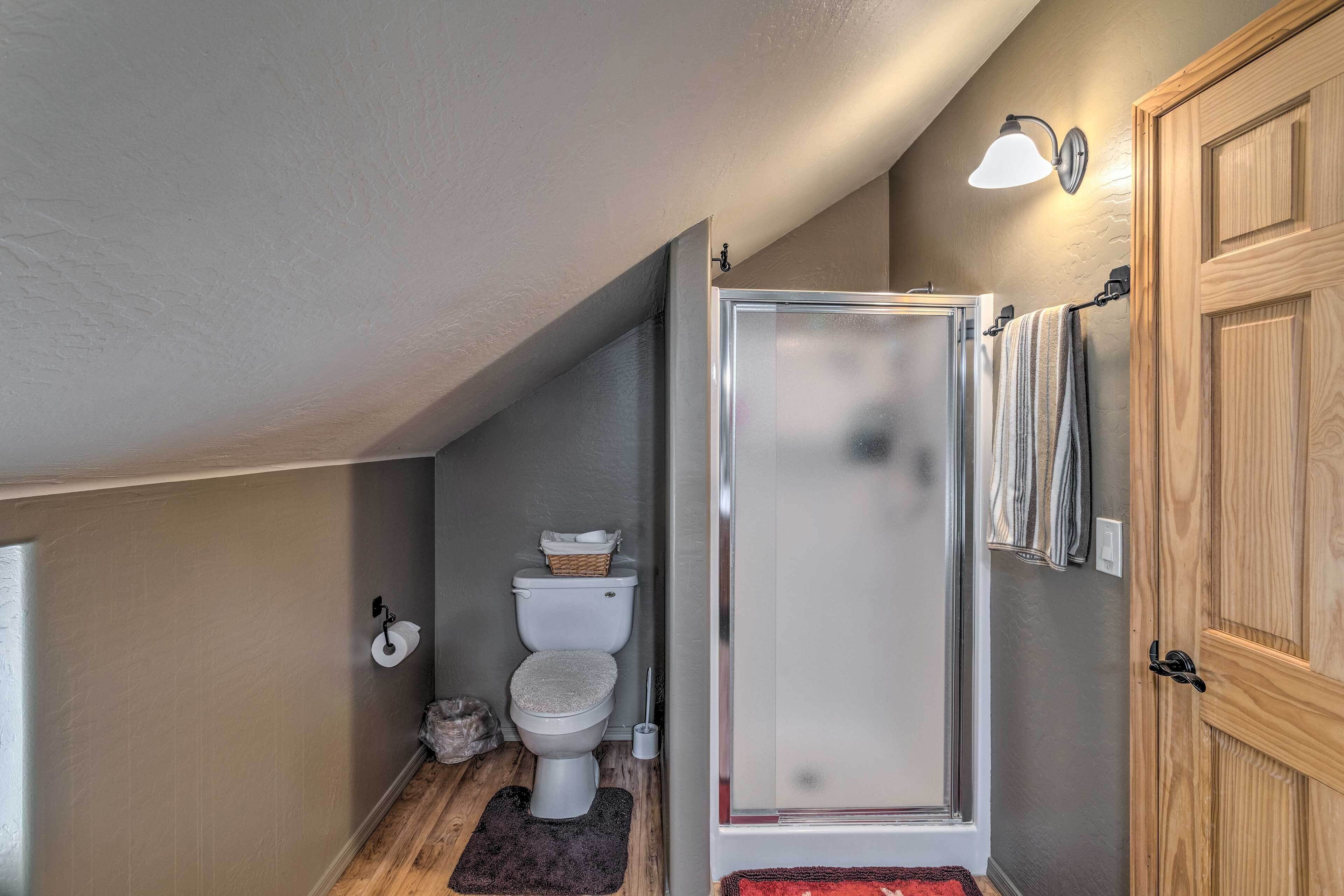 Baño pequeño con inodoro, ducha y puerta de madera.