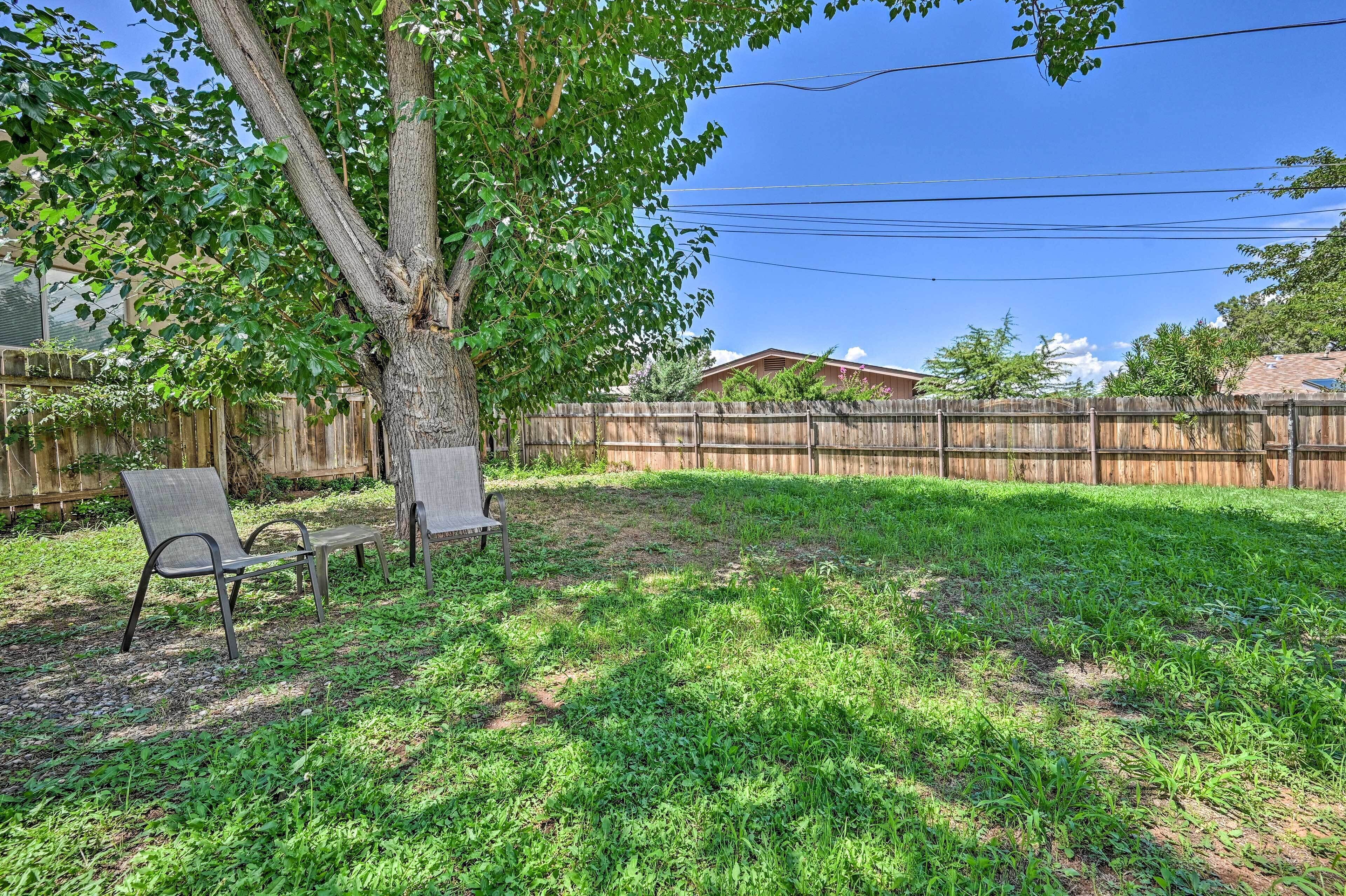 A backyard with a wooden fence, a tree, and two metal chairs.