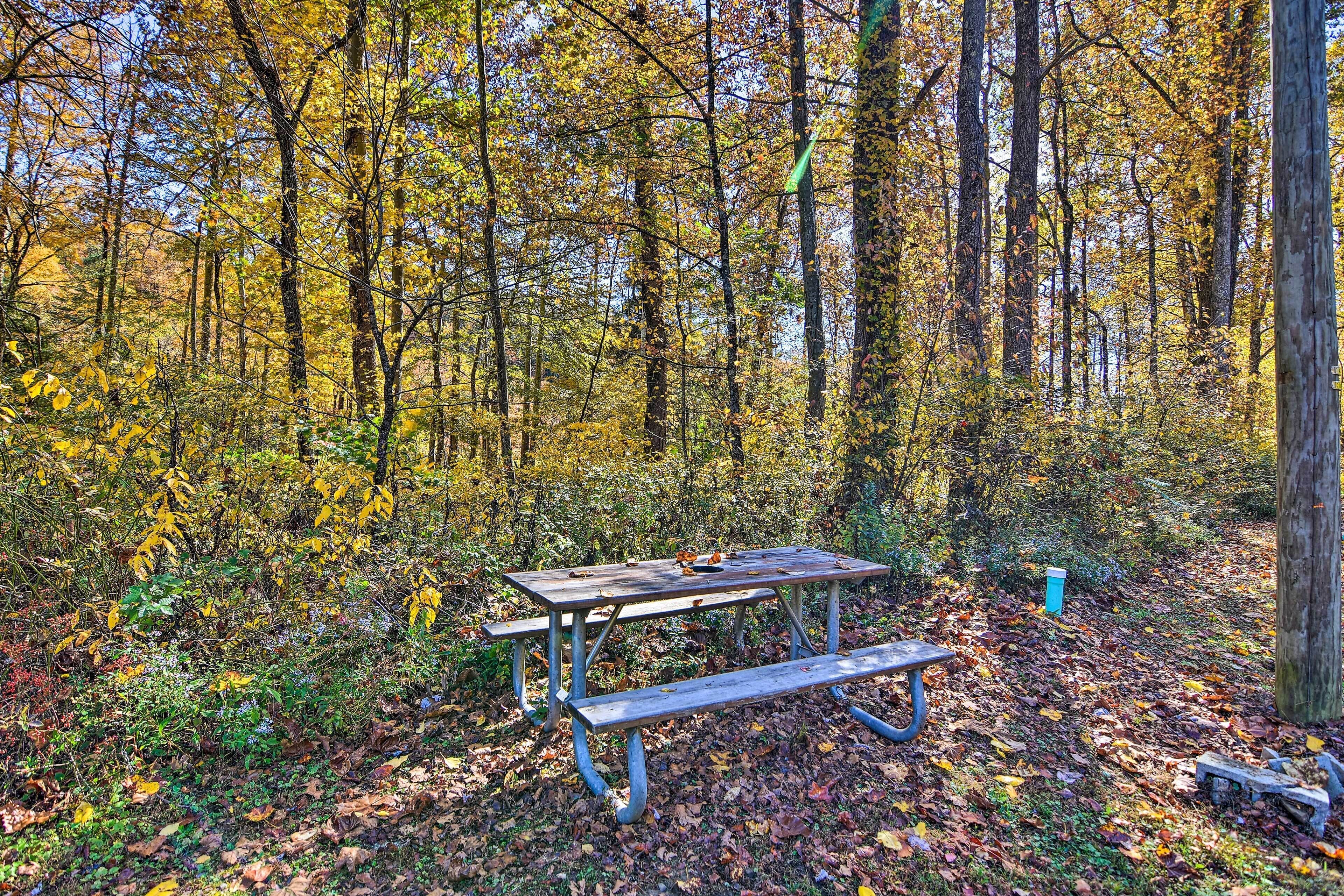 Una mesa de picnic en un bosque con hojas otoñales.