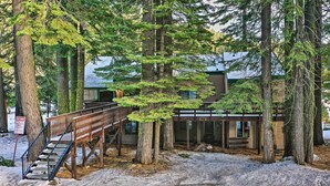 A wooden cabin surrounded by tall trees with a wooden staircase leading up to a deck.