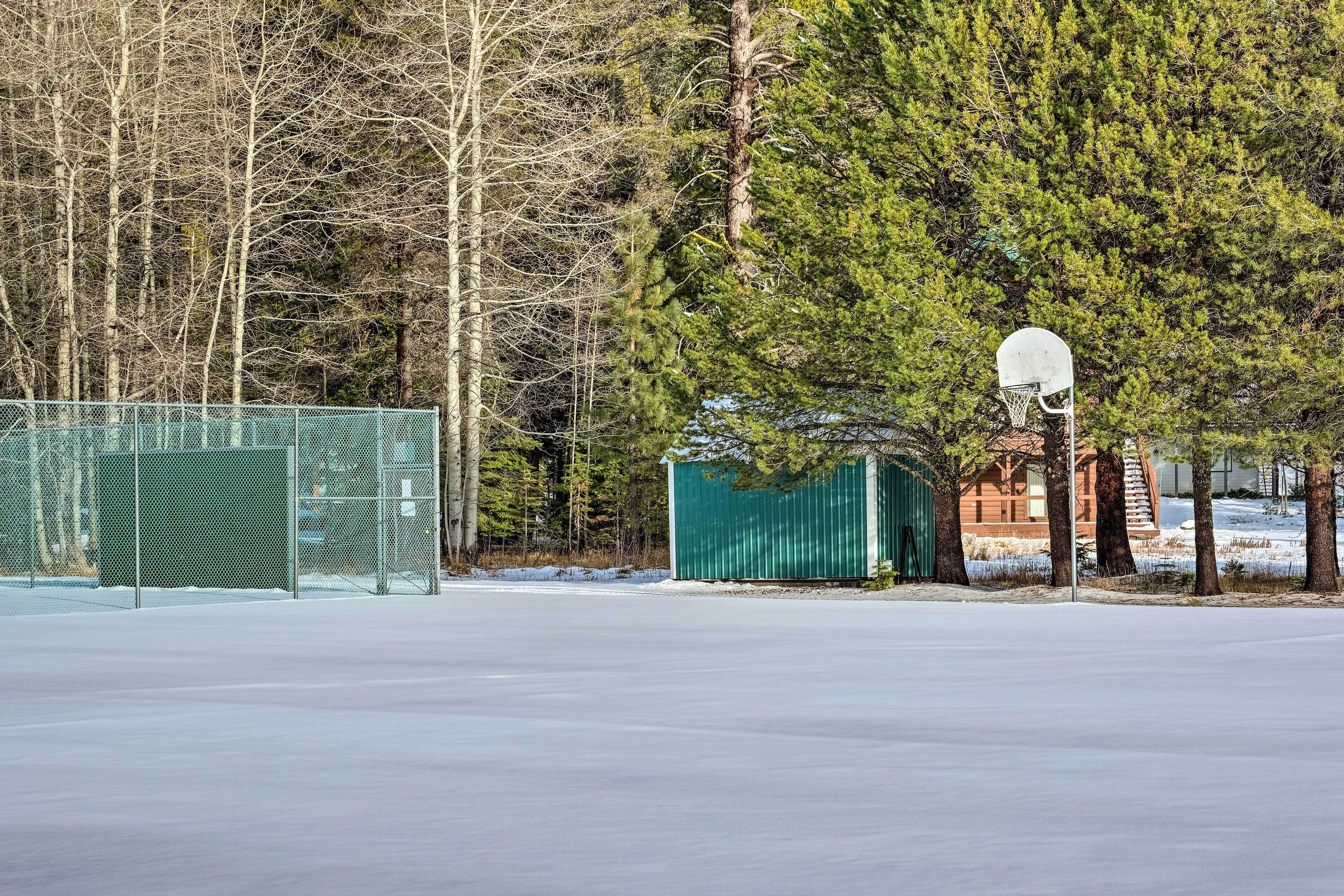 An outdoor basketball court with a green fence, a basketball hoop, and a small shed.