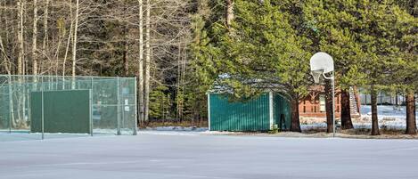 An outdoor basketball court with a green fence, a basketball hoop, and a small shed.