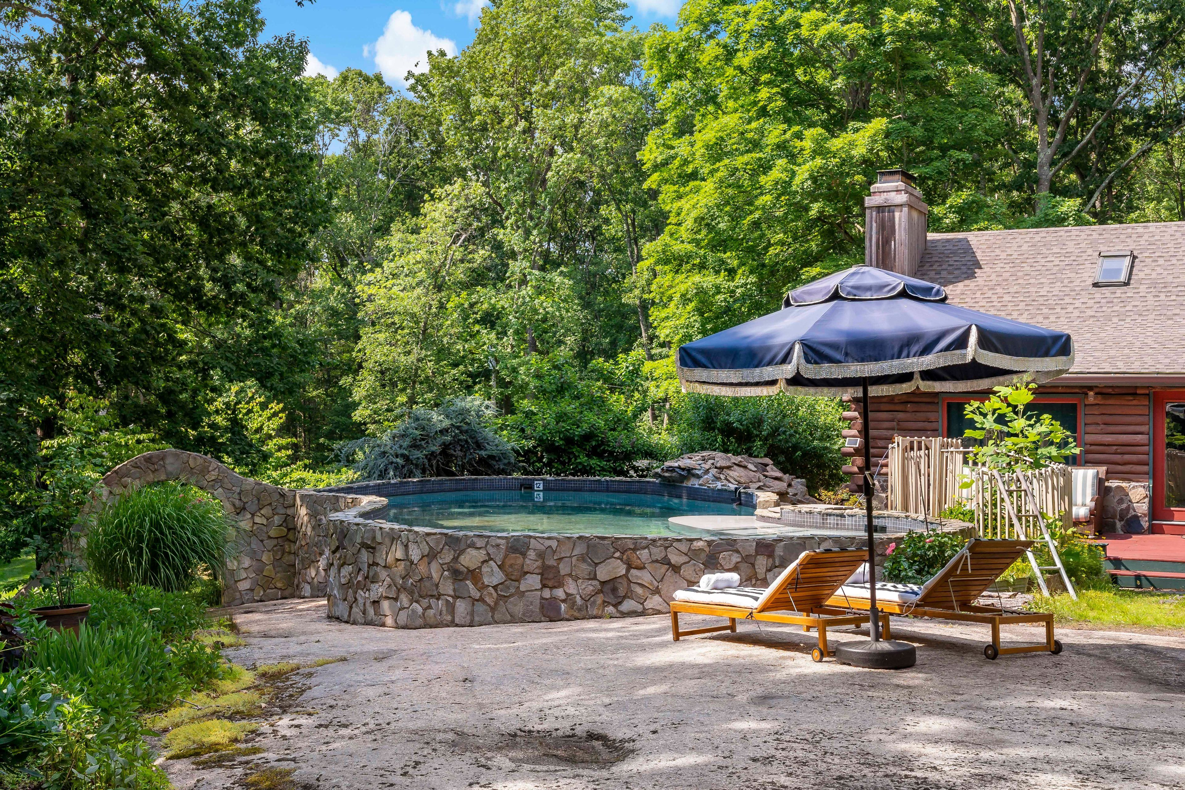 A stone pool with lounge chairs and an umbrella, surrounded by lush greenery and a wooden cabin.