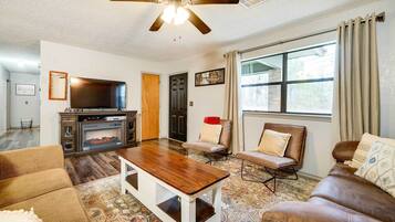 TV, caminetto, libri