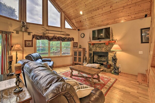 TV, fireplace, books
