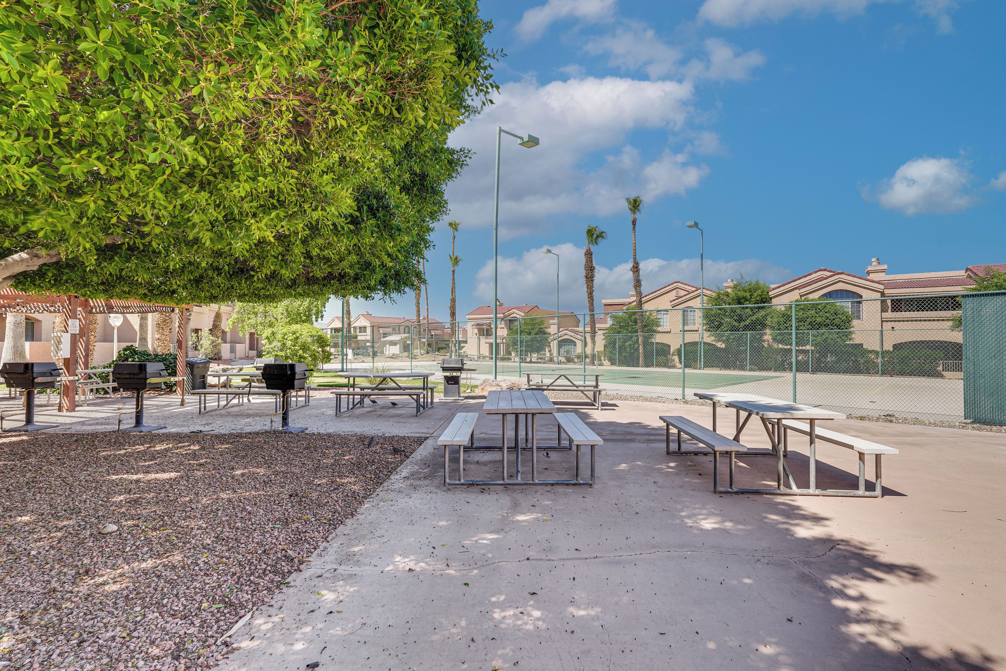 Un parque con mesas de picnic y bancos, rodeado por una cerca y palmeras.