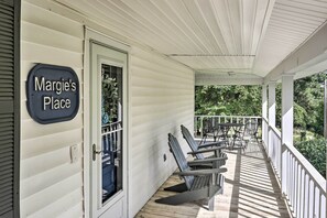 A porch with Adirondack chairs and a sign reading "Margie's Place". - Family Home w/ Fire Pit, 2 Mi to Lake Access (Lexington)
