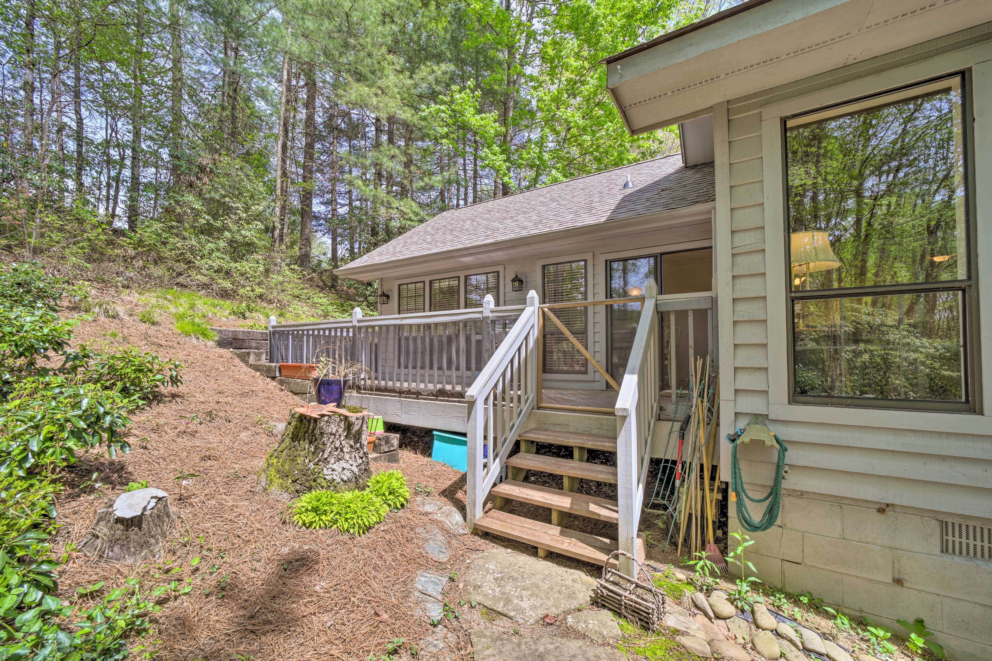 A cabin with a wooden deck, a staircase leading to a porch, and a surrounding forested area.