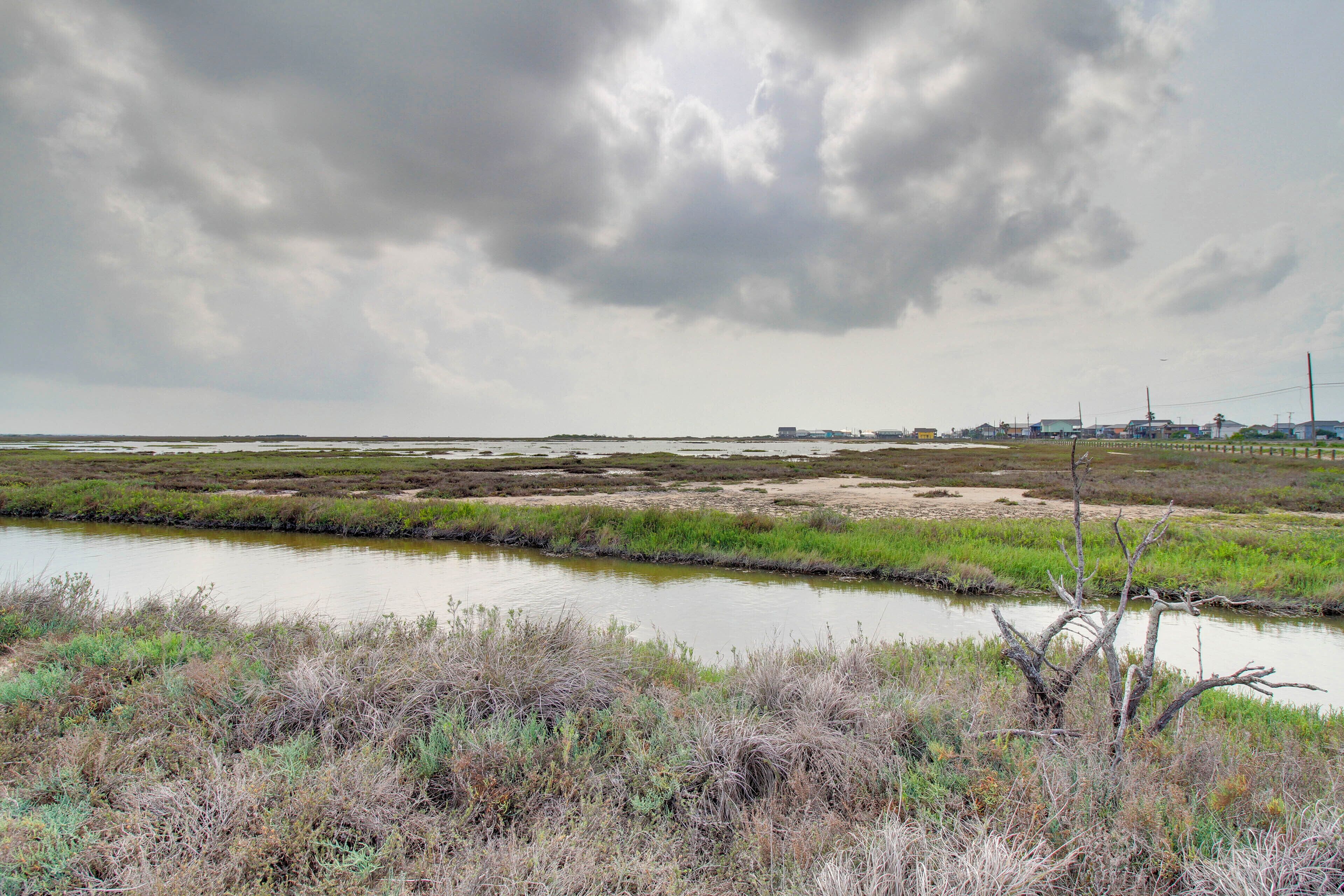 A natural landscape with a body of water, grassy areas, and distant buildings.