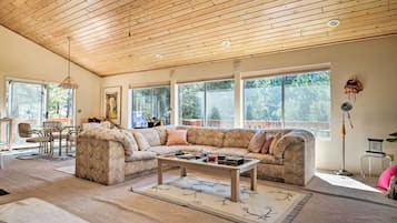 TV, fireplace, books
