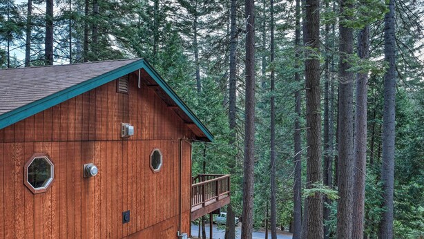 A wooden cabin with a balcony, surrounded by tall trees.