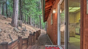 A wooden cabin with a covered porch, a red rug, and a glass door leading to an interior with a yellow wall and a window.