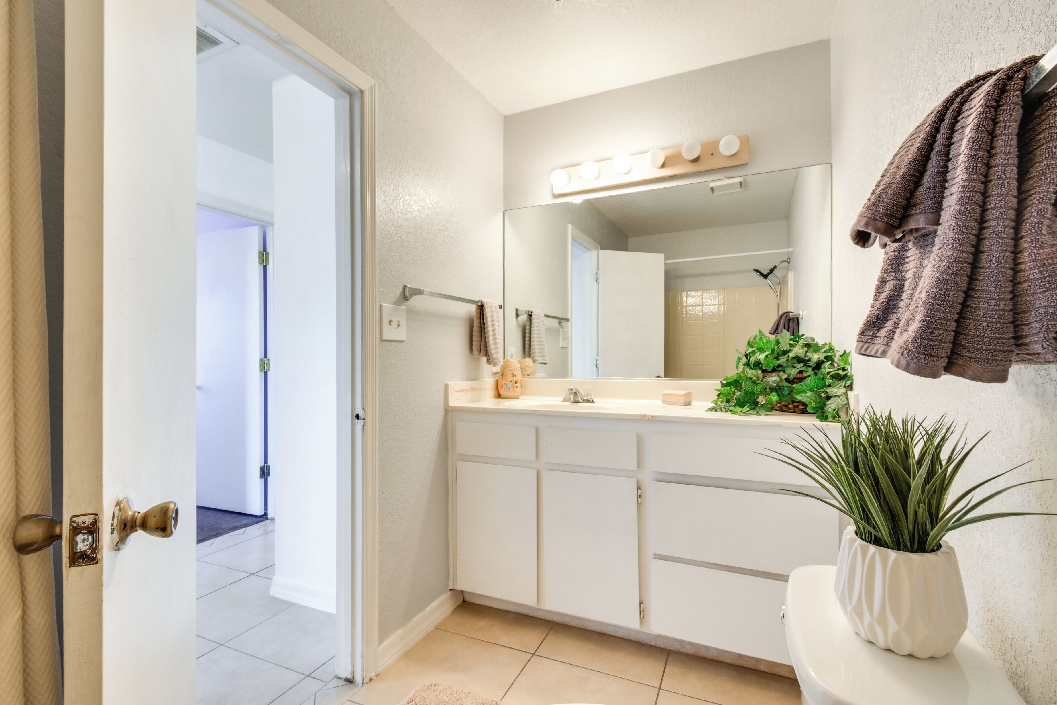 Een badkamer met een witte wastafel, een spiegel met verlichting, een handdoekrek en een plant in pot.