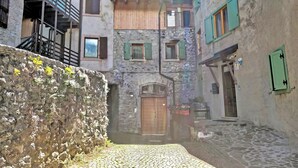 Une ruelle étroite pavée de pierres, bordée de bâtiments en pierre, de portes en bois et de volets verts.