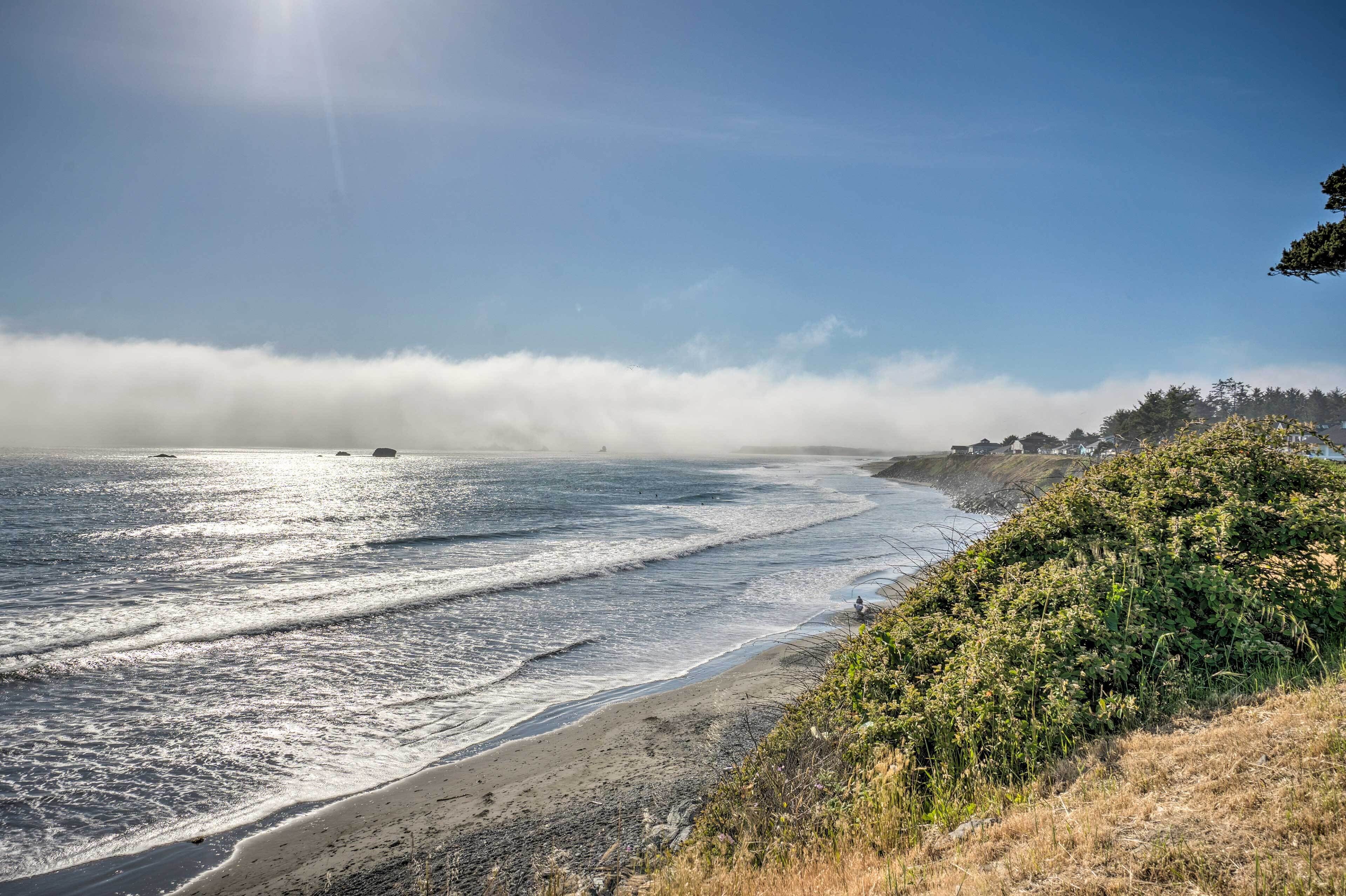 Un paisaje costero con una playa, olas y una zona boscosa.