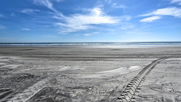 Une plage avec un ciel dégagé et des empreintes de pas bien visibles qui mènent à l’eau.
