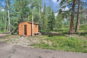 A small wooden cabin with a door and windows, surrounded by a forest.