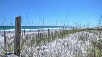 A beach with wooden posts and sand dunes.