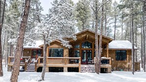 A wooden cabin with a porch and large windows, surrounded by snow-covered trees. - Fire Pit: Family-friendly Lakeside Retreat (Lakeside)