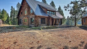 A log cabin with a sloped metal roof, surrounded by a forest. - Snow Pine Retreat - Remote Crescent Log Cabin! (Crescent)