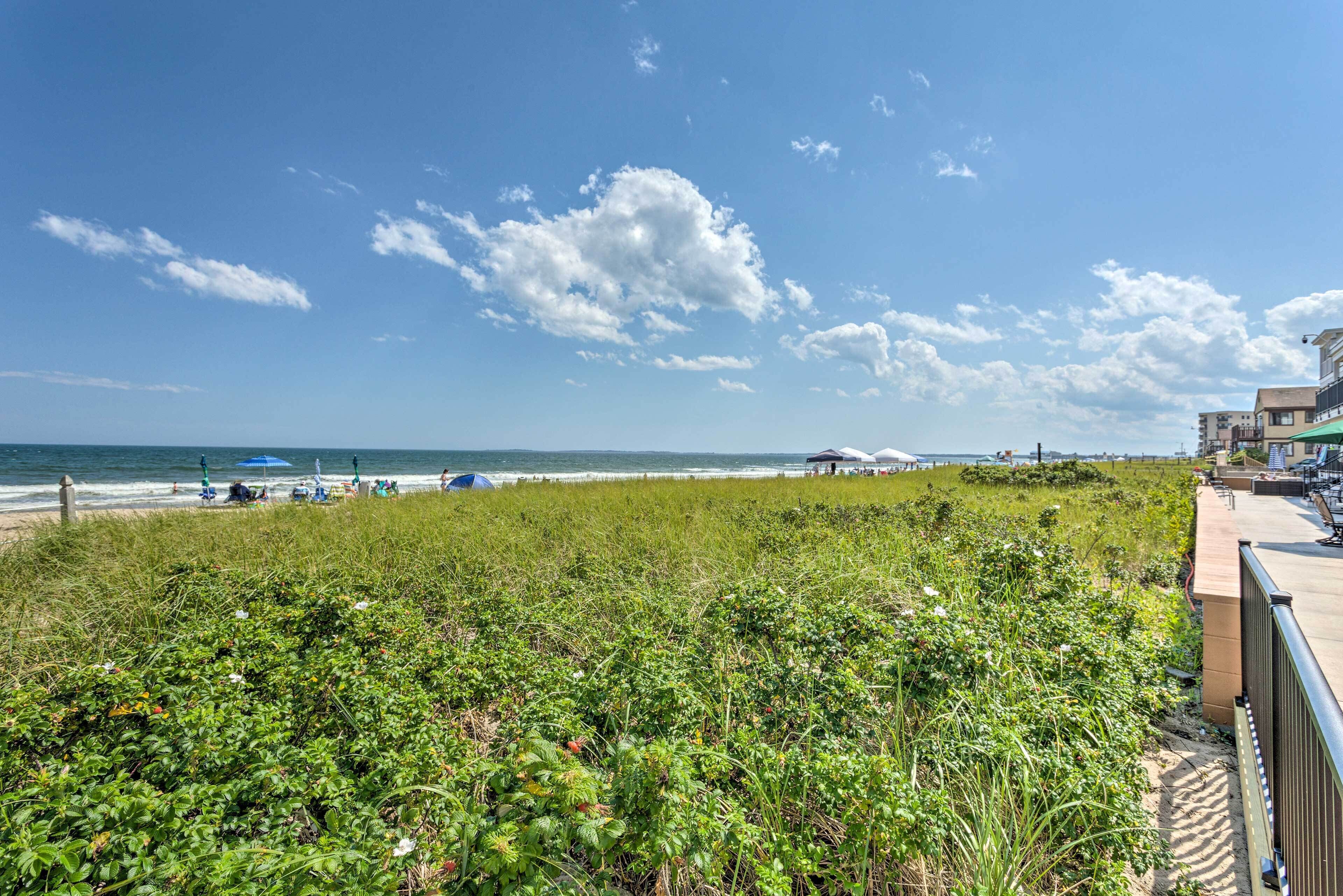 A beach view with a grassy area, a sandy beach, and a clear sky.
