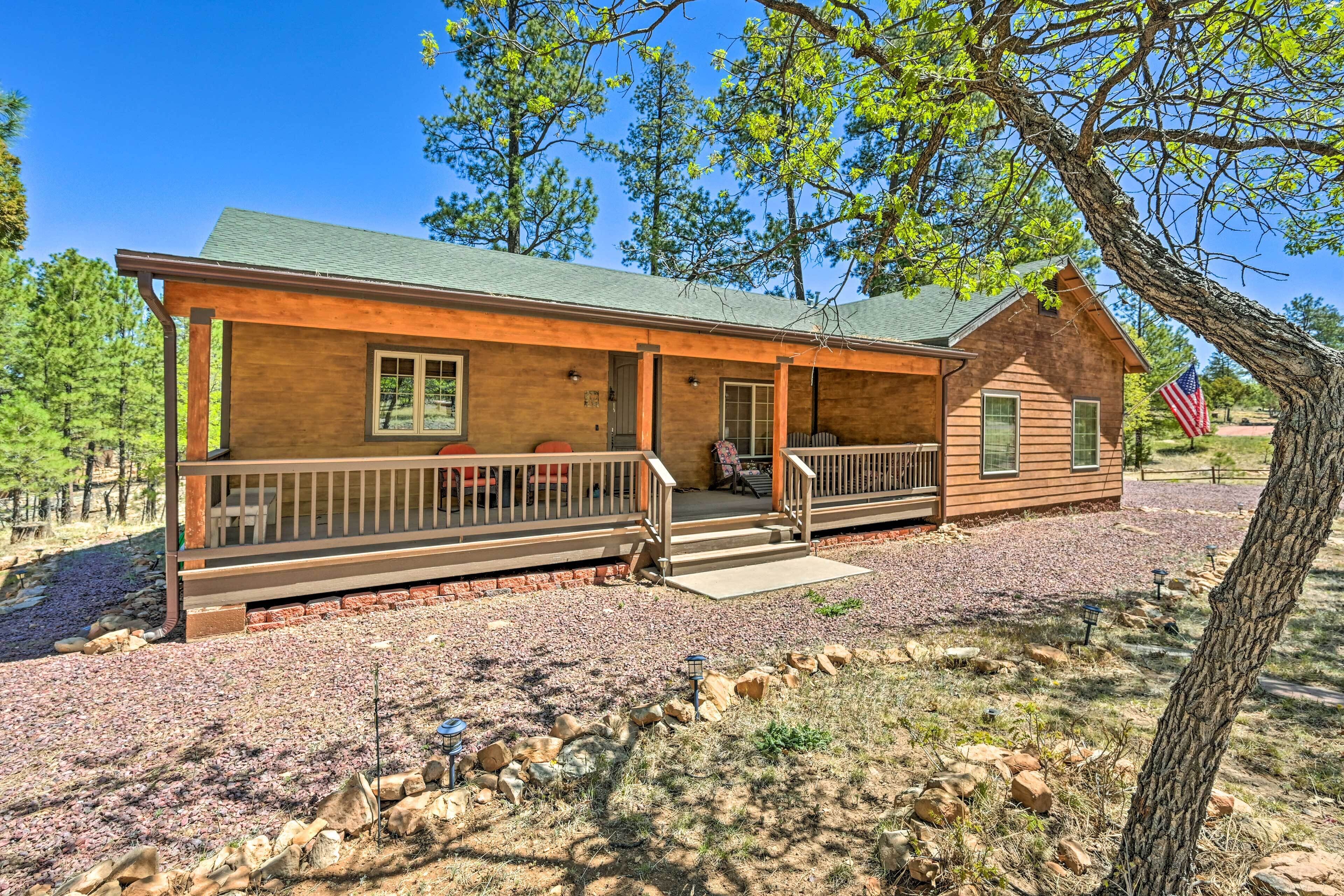A rustic cabin with a porch, a small attached shed, and an American flag.