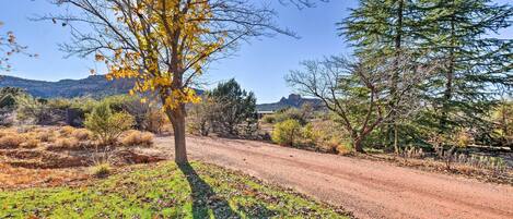 A dirt road leading through a natural landscape with trees and hills in the background.