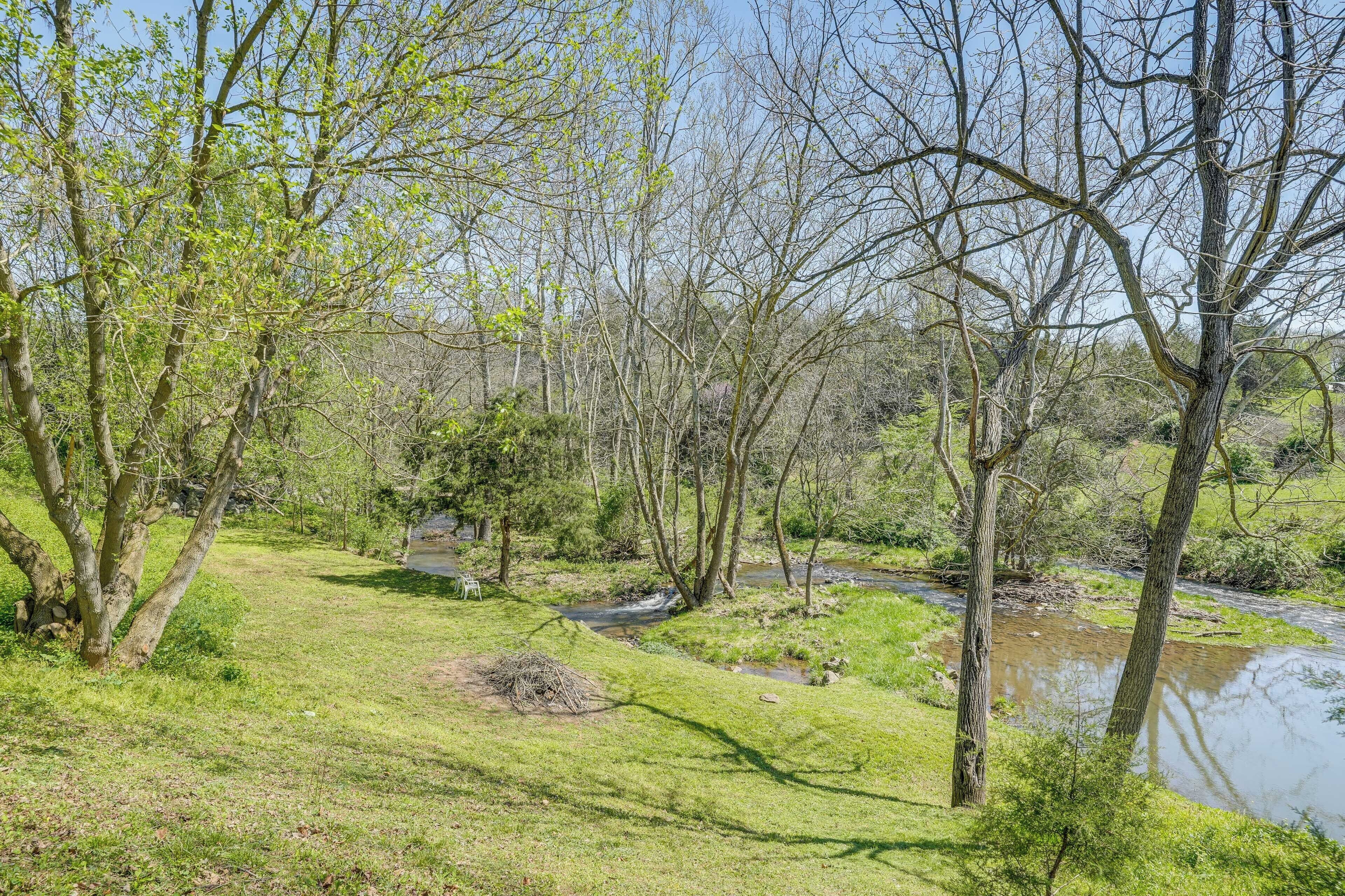 Un paisaje natural con un área de césped, árboles y un arroyo.