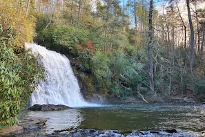 A waterfall in a forested area with a river at the base.