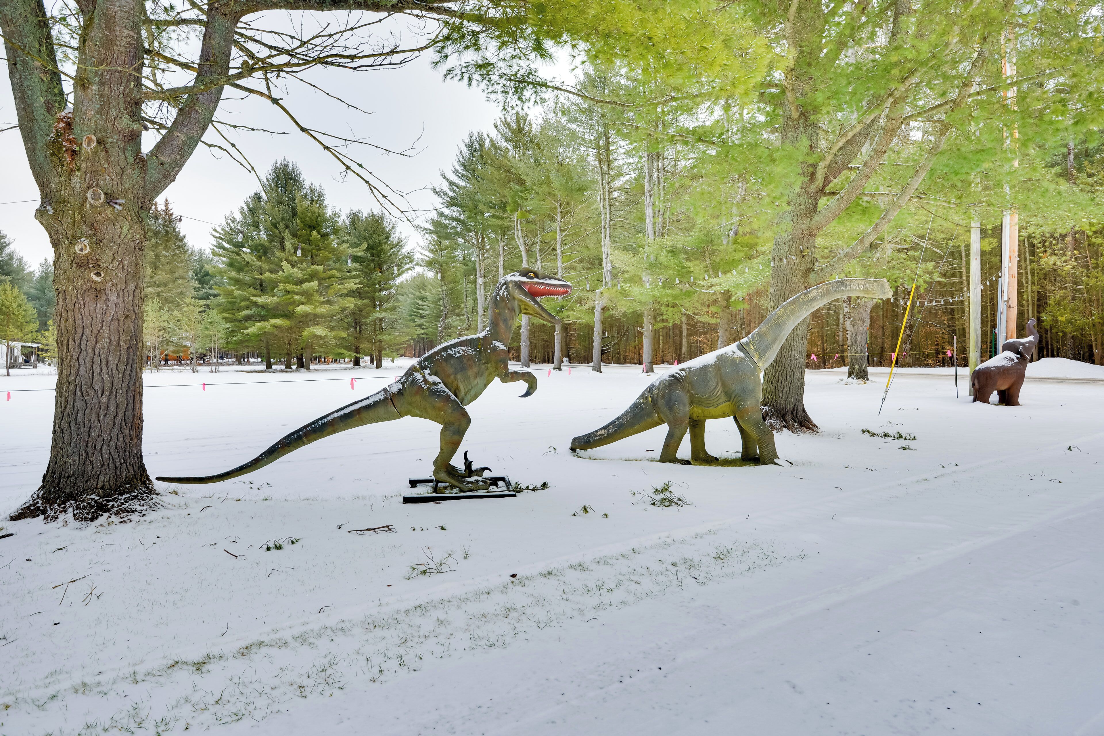 A snow-covered outdoor area with dinosaur sculptures.