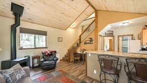 A cozy living room with a fireplace, a sofa, and a patterned rug. - 'cabin at the Little Ranch' w/ Hiking On-site! (Bayfield)