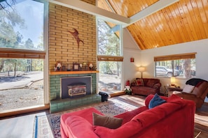 House (4 Bedrooms) | Interior - Relax Fireside: Rustic Gem 2 Mi to Rainbow Lake! (Lakeside)