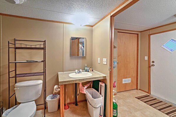 A bathroom with a toilet, sink, and mirror. There is a wooden door and a small window. - Waterloo Home With Fire Pit - 1/2 Mi to Boat Ramp! (Waterloo)