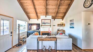 Fireplace, books