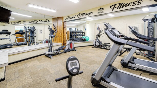 A gym with treadmills, elliptical machines, and free weights.