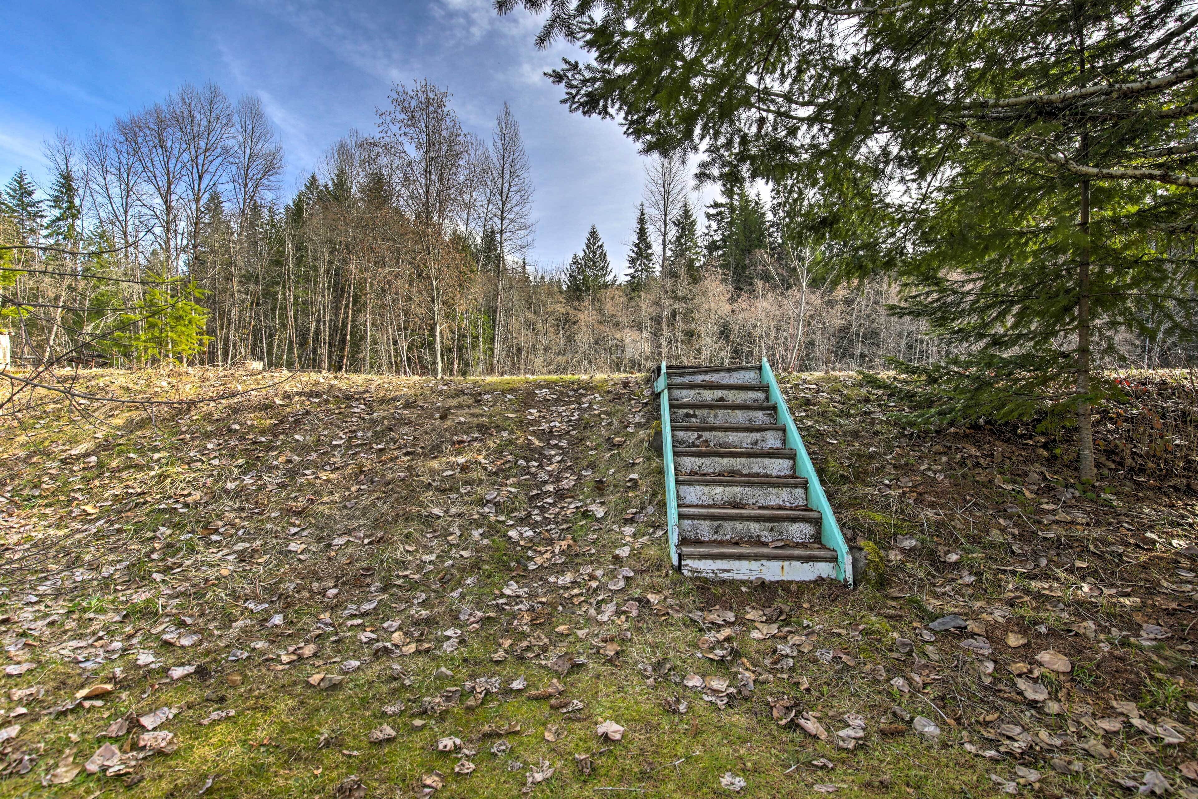 Una escalera que sube por una ladera cubierta de hierba, rodeada de árboles.