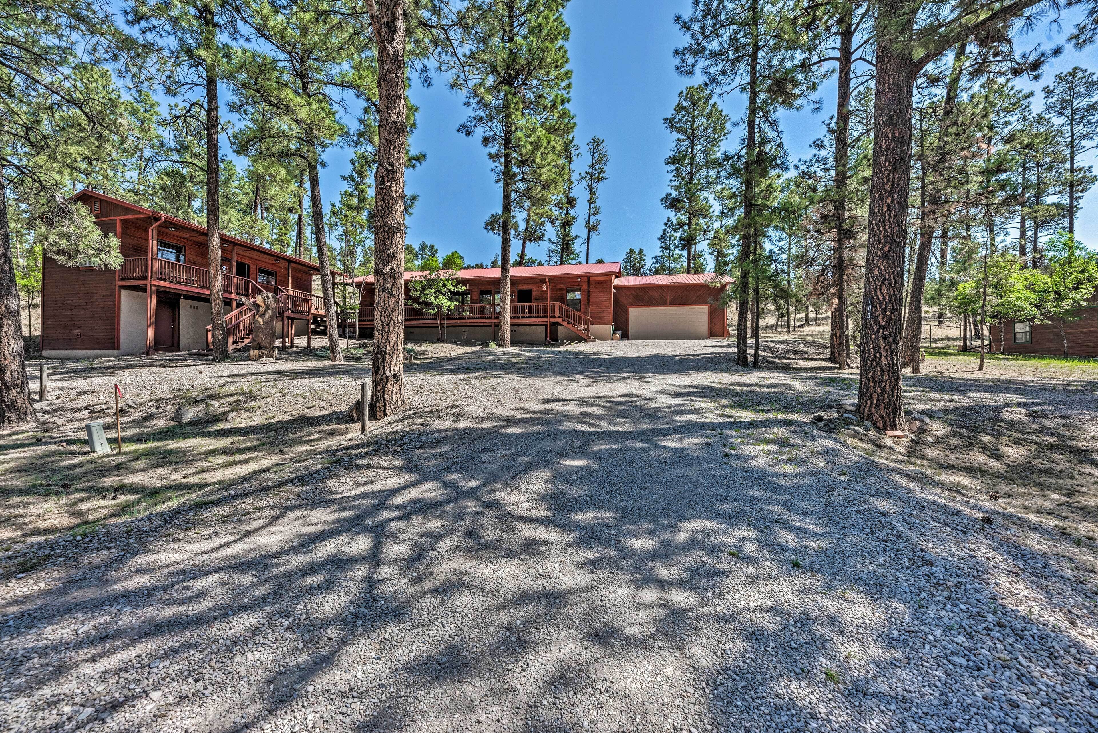 A two-story cabin with a wooden exterior, a covered front porch, and a gravel driveway surrounded by tall pine trees.