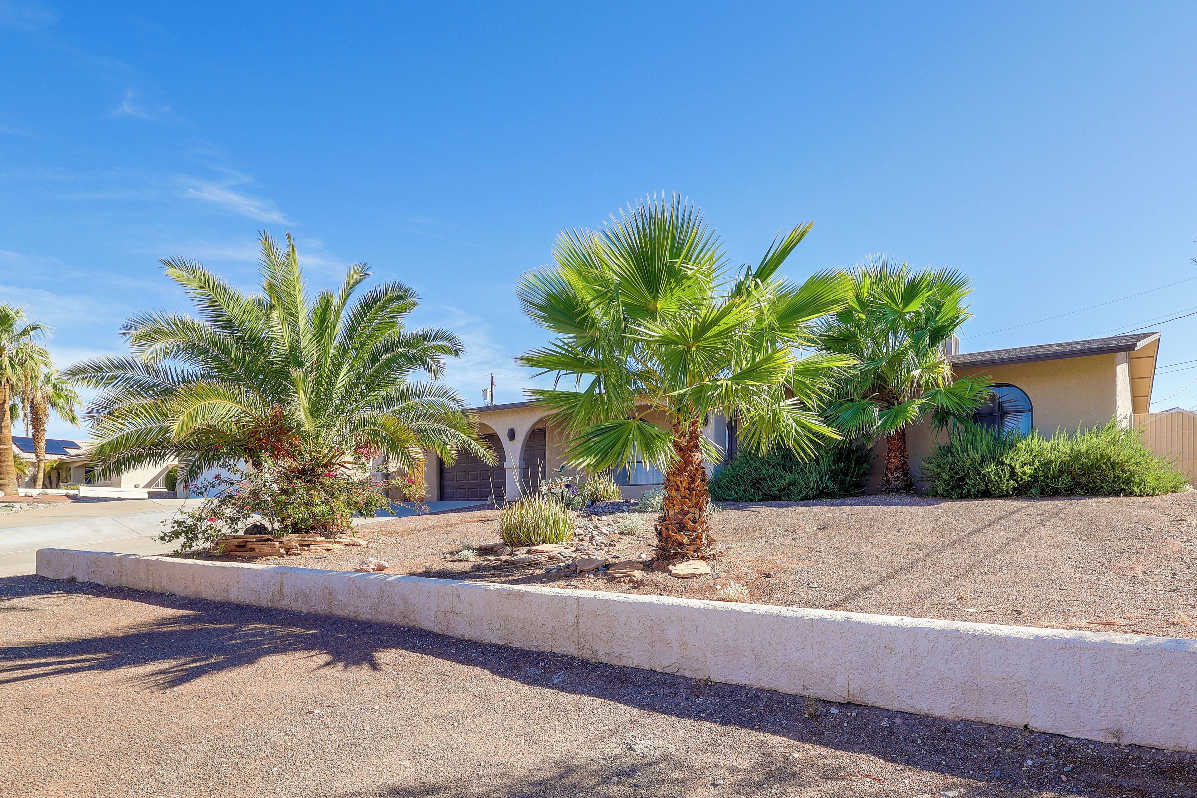 A residential area with palm trees, a driveway, and a building with a garage.